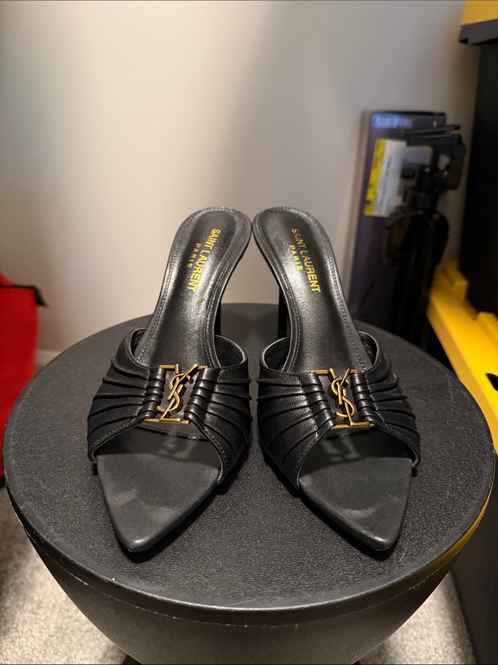 Saint Laurent Black Leather Logo Slide Sandals with Gold Hardware